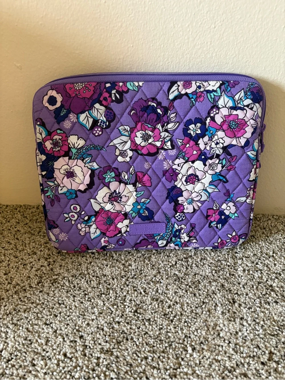 Vera Bradley Purple Floral Quilted Laptop Sleeve with Pink & Blue Accents